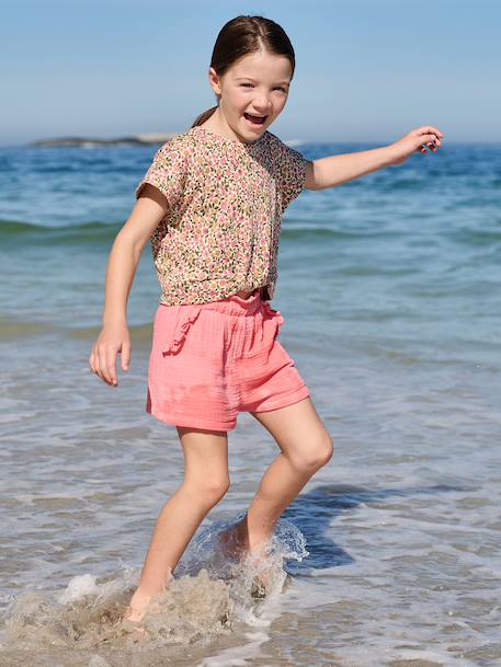 Girls' short with a cotton gauze waist beige+pale blue+rose+sage green - vertbaudet enfant 