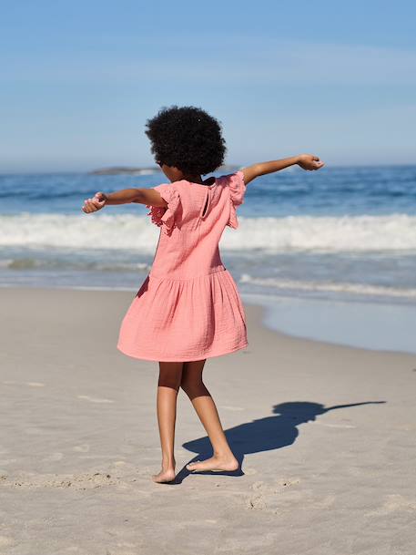 Girls' cotton gauze dress with short embroidered sleeves coral+yellow - vertbaudet enfant 
