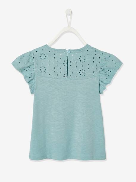 T-Shirt for Girls, with Broderie Anglaise and Ruffled Sleeves BLUE MEDIUM SOLID+fuchsia+Light Green+mauve+White - vertbaudet enfant 