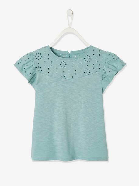T-shirt fille avec détails broderie anglaise bleu marine+mauve+VERT PALE - vertbaudet enfant 