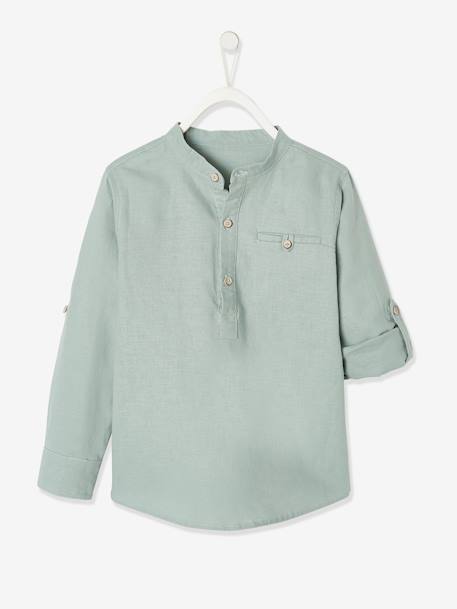 Shirt in Linen/Cotton, Mandarin Collar, Long Sleeves, for Boys BLUE BRIGHT SOLID+Green+sky blue+White - vertbaudet enfant 