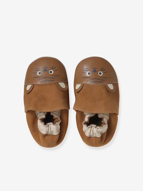 Elasticated leather baby slippers chocolate - vertbaudet enfant 