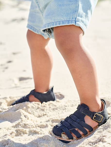 Closed Leather Sandals with Buckle for Babies brown+navy blue - vertbaudet enfant 