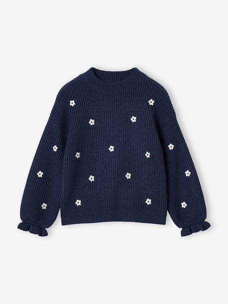 Long-sleeved round-neck jumper for girls ecru+navy blue+rose - vertbaudet enfant 