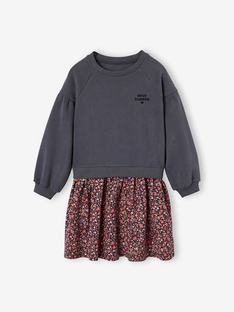 Dual Fabric Dress for Girls anthracite - vertbaudet enfant 