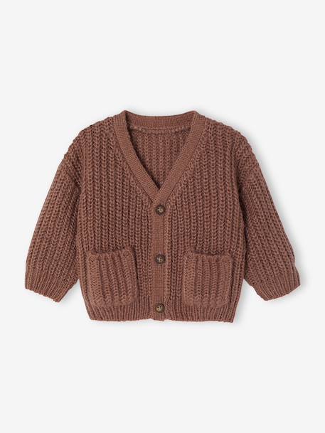 V-neck cardigan for babies in chunky knit chocolate+grey blue - vertbaudet enfant 