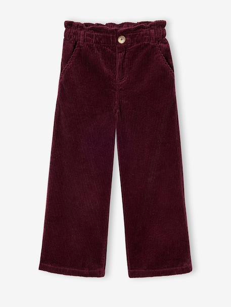 Wide Corduroy Paperbag Trousers for Girls bordeaux red+camel+mauve+navy blue+olive - vertbaudet enfant 