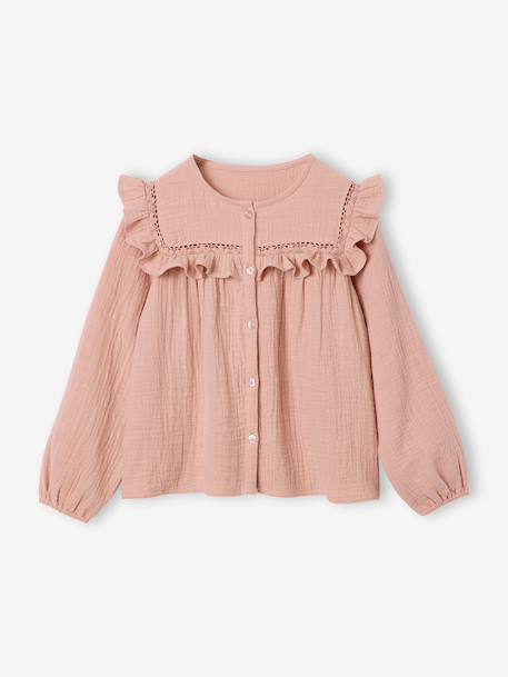 Chemise manches longues fille bleu ardoise+rose poudré+vanille - vertbaudet enfant 