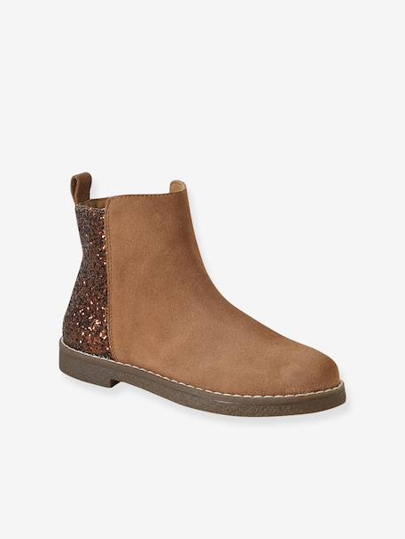 Girls' leather and glitter boots, nursery collection camel+navy blue - vertbaudet enfant 