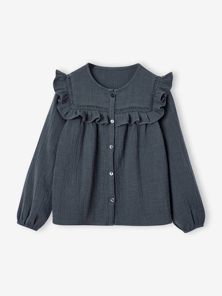 Chemise manches longues fille bleu ardoise+rose poudré+vanille - vertbaudet enfant 