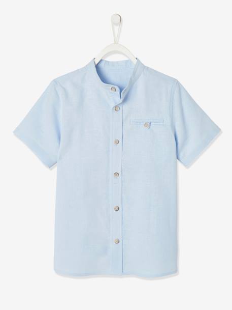Chemise col Mao garçon en coton/ lin manches courtes blanc+bleu ciel - vertbaudet enfant 
