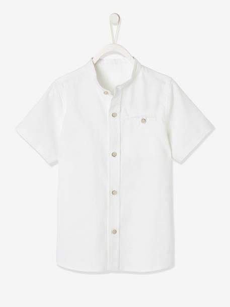 Short-Sleeved Shirt with Mandarin Collar in Cotton/Linen for Boys Light Blue+White - vertbaudet enfant 