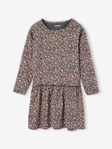 Long Sleeve Printed Dress for Girls anthracite+rose+sand beige - vertbaudet enfant 