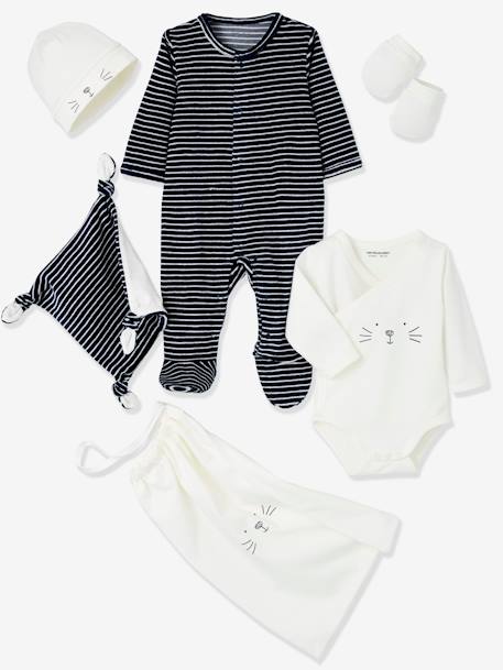 5-Piece Newborn Kit & Striped Bag, Cat Dark Blue - vertbaudet enfant 