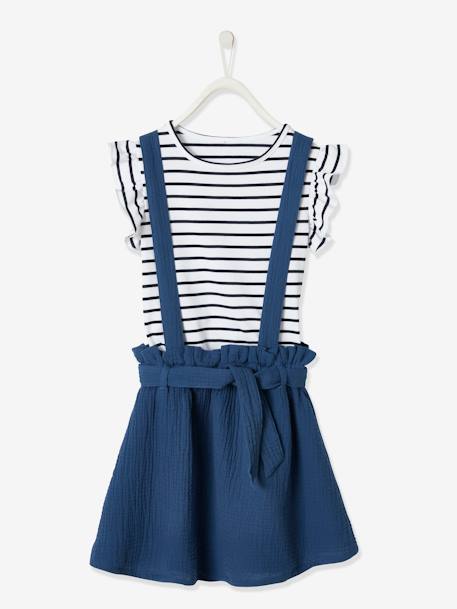 Striped T-Shirt + Cotton Gauze Skirt Outfit, for Girls Blue Stripes+coral+lilac+sage green - vertbaudet enfant 