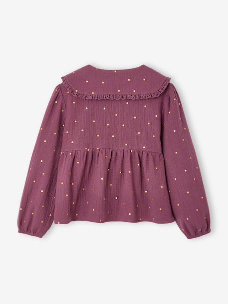 Shirt in Cotton Gauze with Broderie Anglaise Collar, for Girls ecru+plum - vertbaudet enfant 