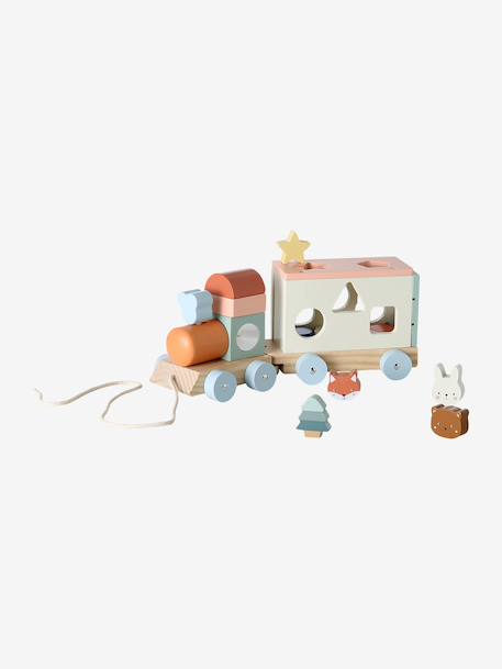FSC100® Happy Forest wooden pull-along activity train ecru - vertbaudet enfant 