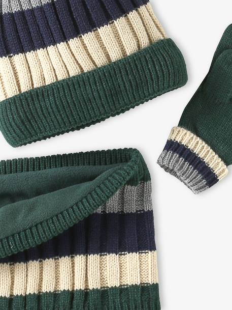 Tricolour Set for Boys: Beanie + Snood + Mittens/Gloves green+night blue - vertbaudet enfant 