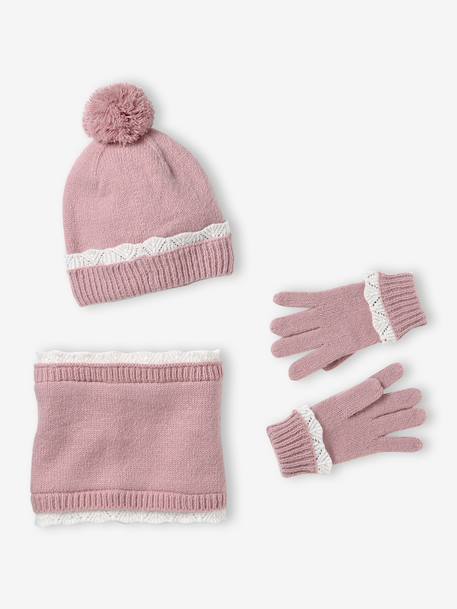 Ensemble fille bonnet, snood et gants en tricot rose pâle - vertbaudet enfant 