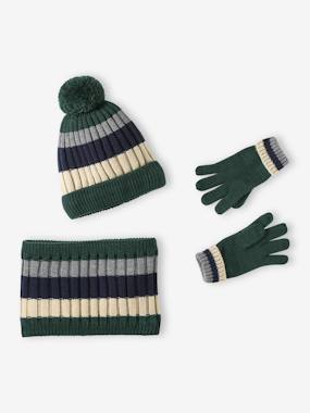 Ensemble tricolore garçon bonnet + snood + moufles/gants - vertbaudet enfant Garçon-Ensemble tricolore garçon bonnet + snood + moufles/gants