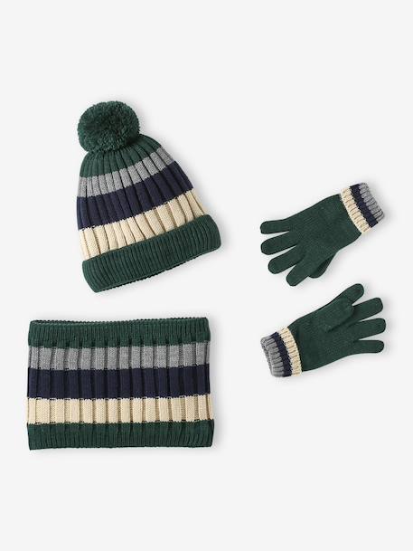 Tricolour Set for Boys: Beanie + Snood + Mittens/Gloves green+night blue - vertbaudet enfant 