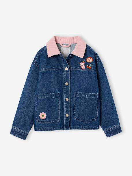 Denim jacket with corduroy collar for girls medium blue - vertbaudet enfant 
