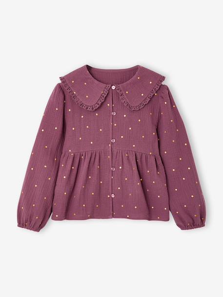 Shirt in Cotton Gauze with Broderie Anglaise Collar, for Girls ecru+plum - vertbaudet enfant 