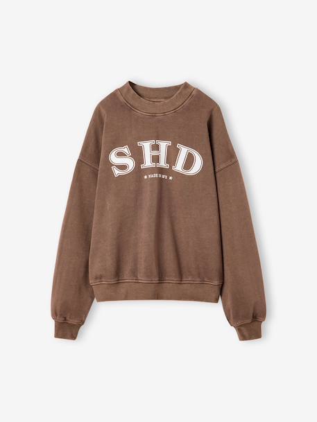 Printed sweatshirt with long sleeves for girls chocolate+grey - vertbaudet enfant 