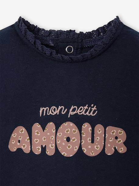 Long-sleeved baby t-shirt with leopard heart pattern ecru+navy blue - vertbaudet enfant 