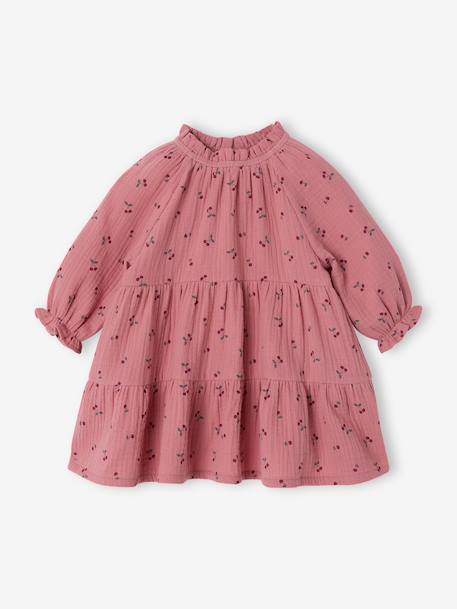 Robe bébé à volants en gaze de coton rose+taupe+vieux rose - vertbaudet enfant 
