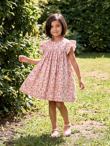 Ruffled, Short Sleeve Dress with Prints, for Girls emerald green+pale pink+printed white - vertbaudet enfant 