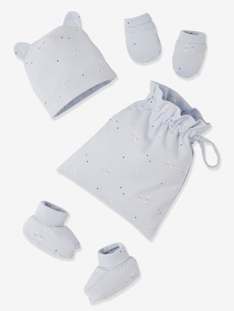 Kit bonnet + chaussons + gants et sac bébé Bleu glacier imprimé+Nude imprimé+rose foncé - vertbaudet enfant 