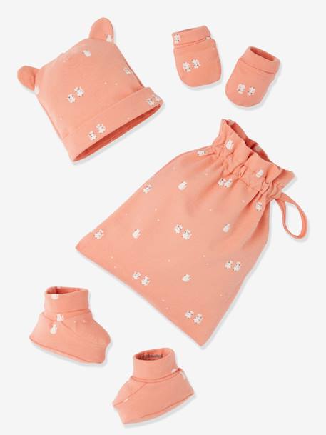 Beanie + Booties + Mittens Set with Pouch, for Babies Blue/Print+Dark Pink/Print+Pink/Print - vertbaudet enfant 