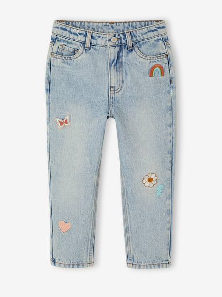 Jean fille mom brodé fleurs bleu+bleu clair+bleu moyen - vertbaudet enfant 