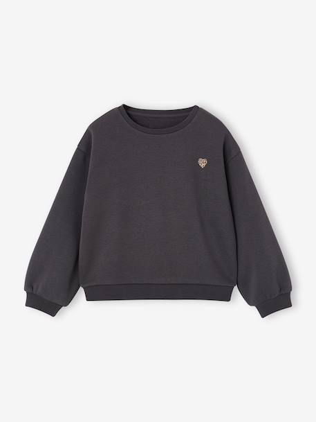Basics Sweatshirt with Motif for Girls anthracite+coral+peony pink+purple clover+sage+vanilla+violet - vertbaudet enfant 