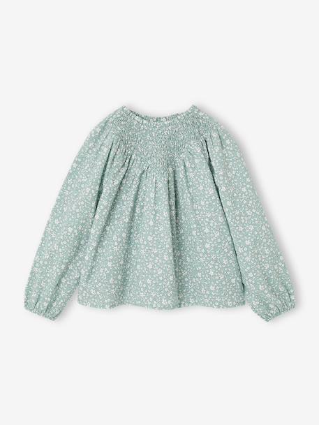 Girl's blouse with smocked sleeves ivory+sage green+vanilla - vertbaudet enfant 