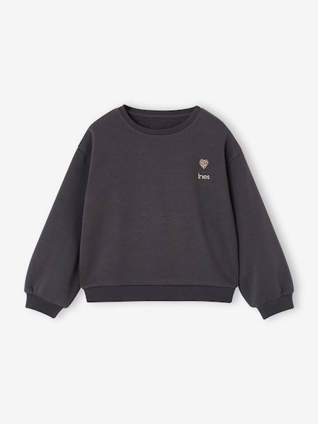 Basics Sweatshirt with Motif for Girls anthracite+coral+peony pink+purple clover+sage+vanilla+violet - vertbaudet enfant 