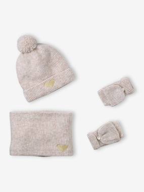 Fille-Ensemble fille bonnet, snood, moufles/mitaines avec badge coeur