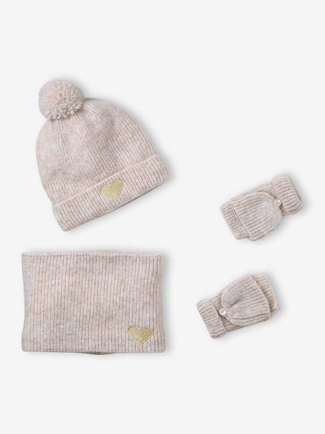 Ensemble fille bonnet, snood, moufles/mitaines avec badge coeur écru+marine+rose poudré - vertbaudet enfant 