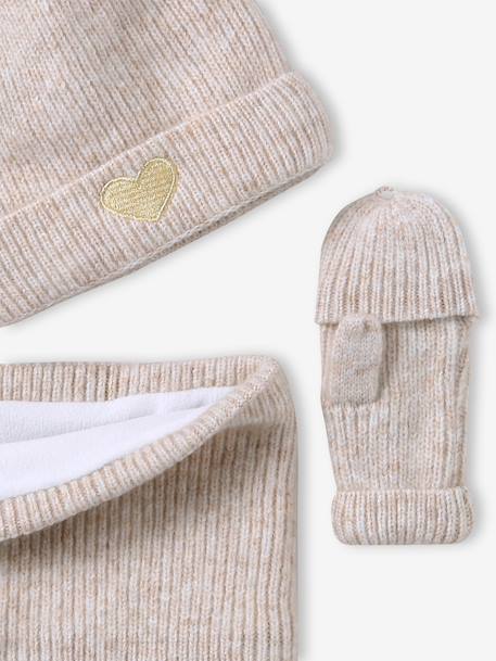 'Heart' Beanie + Snood + Gloves/Mittens Set for Girls ecru+navy blue+rosy - vertbaudet enfant 
