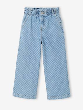 Girls-Jeans-Wide-Leg Paperbag Jeans with Flower Motifs for Girls