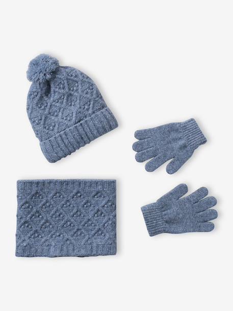 Knit hat, snood and gloves set for girls marl grey+sky blue - vertbaudet enfant 