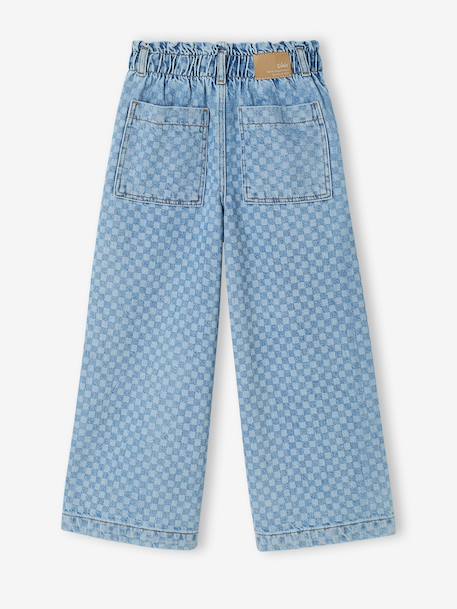 Wide-Leg Paperbag Jeans with Flower Motifs for Girls deep blue+denim grey+light blue - vertbaudet enfant 