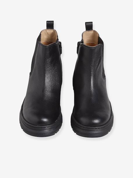 Girls' elasticated and zipped leather boots black+camel - vertbaudet enfant 