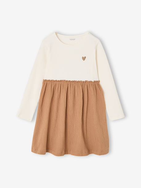 2-in-1 long-sleeved dress for girls camel - vertbaudet enfant 