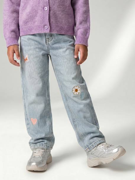 Girls' embroidered floral Mom jeans blue+light blue+medium blue - vertbaudet enfant 