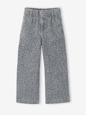 Girls-Jeans-Wide-Leg Paperbag Jeans with Flower Motifs for Girls