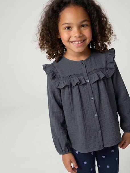 Chemise manches longues fille bleu ardoise+rose poudré+vanille - vertbaudet enfant 