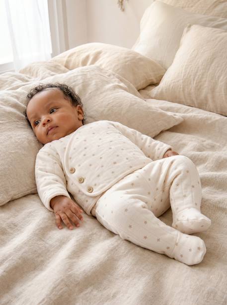 Quilted Set: Cardigan + Fully Printed Footed Trousers ecru+rose+vanilla - vertbaudet enfant 