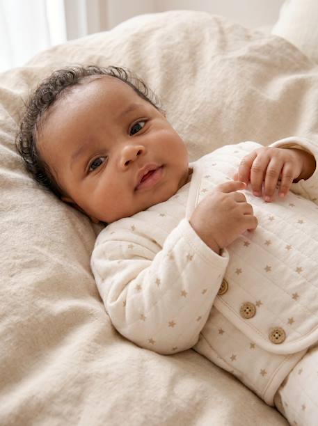 Ensemble matelassé gilet + pantalon à pieds entièrement imprimé écru+rose+vanille - vertbaudet enfant 